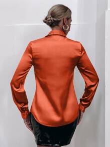 Allurite Satin Solid Button Front Shirt,Long Sleeve Tops Fall Cloth For Women - Orange - View 2