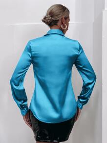 EMERY ROSE 緞面素色前紐扣襯衫 - 水鴨藍 - 查看 2