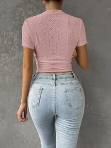 SHEIN EZwear 網眼刺繡小高領短款T恤 - 藕粉色 - 查看 2