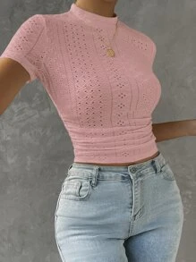 SHEIN EZwear 網眼刺繡小高領短款T恤 - 藕粉色 - 查看 3