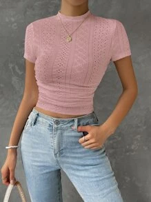 SHEIN EZwear 網眼刺繡小高領短款T恤 - 藕粉色 - 查看 4