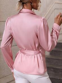 Blusa cruzada con nudo lateral de manga farol - Rosa Pálido - Ver 2