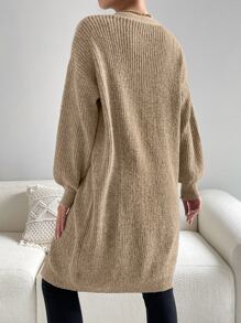 SHEIN Essnce Lantern Sleeve Duster Cardigan - Khaki - View 2