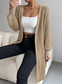 SHEIN Essnce Lantern Sleeve Duster Cardigan - Khaki - View 3