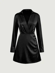 SHEIN Privé Solid Ruched Satin Dress - Black - View 1