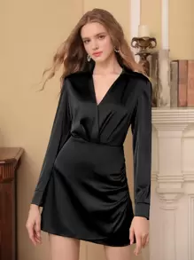 SHEIN Privé Solid Ruched Satin Dress - Black - View 2