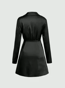 SHEIN Privé Solid Ruched Satin Dress - Black - View 5