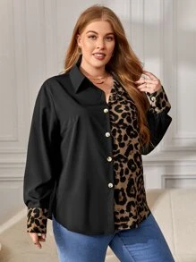 SHEIN Clasi Plus Leopard Print Button Front Shirt - Black - View 4