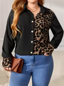 SHEIN Clasi Plus Leopard Print Button Front Shirt - Black - View 1