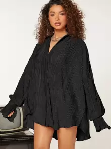 SHEIN Essnce 褶皺荷葉袖前短後長襯衫