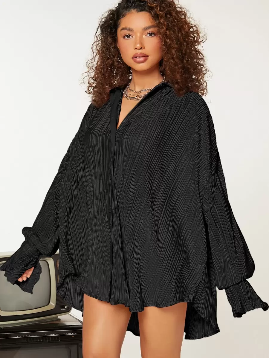SHEIN Essnce 褶皺荷葉袖前短後長襯衫