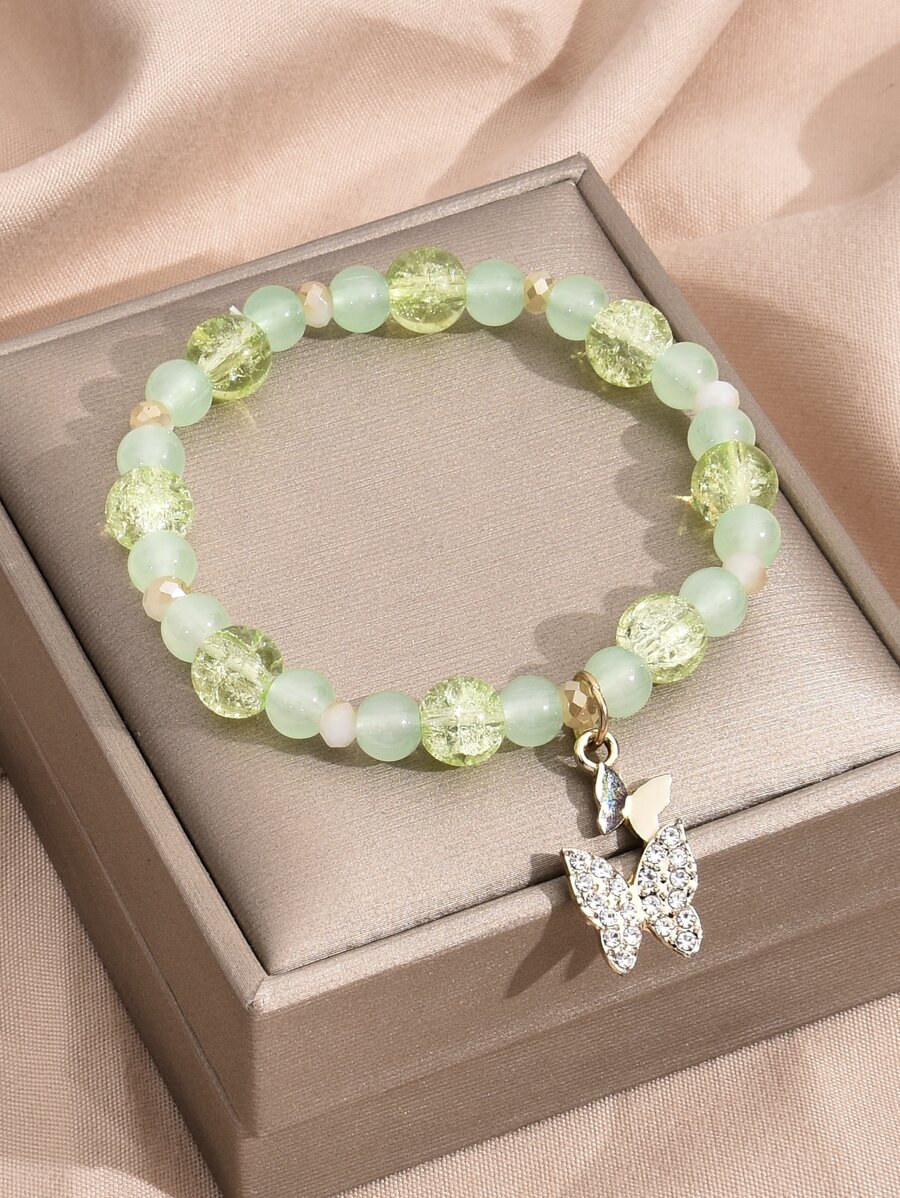 水鑽蝴蝶墜飾串珠手鏈 - 薄荷綠 - 查看 1