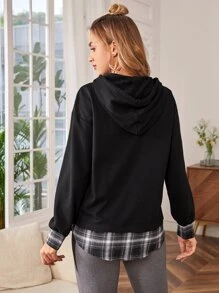 SHEIN Maternity Drop Shoulder Plaid 2 In 1 Sweatshirt - Black - View 2