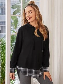 SHEIN Maternity Drop Shoulder Plaid 2 In 1 Sweatshirt - Black - View 5