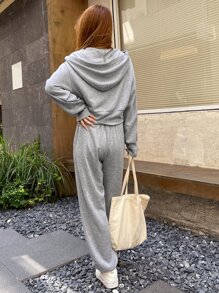DAZY 女士拉链连帽衫和抽绳腰带运动裤两件套，秋季女装运动套装家居服套装 - 淺灰色 - 查看 2