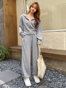 DAZY 女士拉链连帽衫和抽绳腰带运动裤两件套，秋季女装运动套装家居服套装 - 淺灰色 - 查看 3