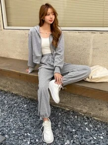 DAZY 女士拉链连帽衫和抽绳腰带运动裤两件套，秋季女装运动套装家居服套装 - 淺灰色 - 查看 5