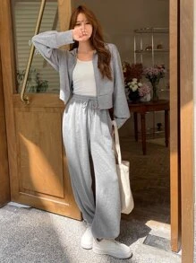 DAZY 女士拉链连帽衫和抽绳腰带运动裤两件套，秋季女装运动套装家居服套装 - 淺灰色 - 查看 8