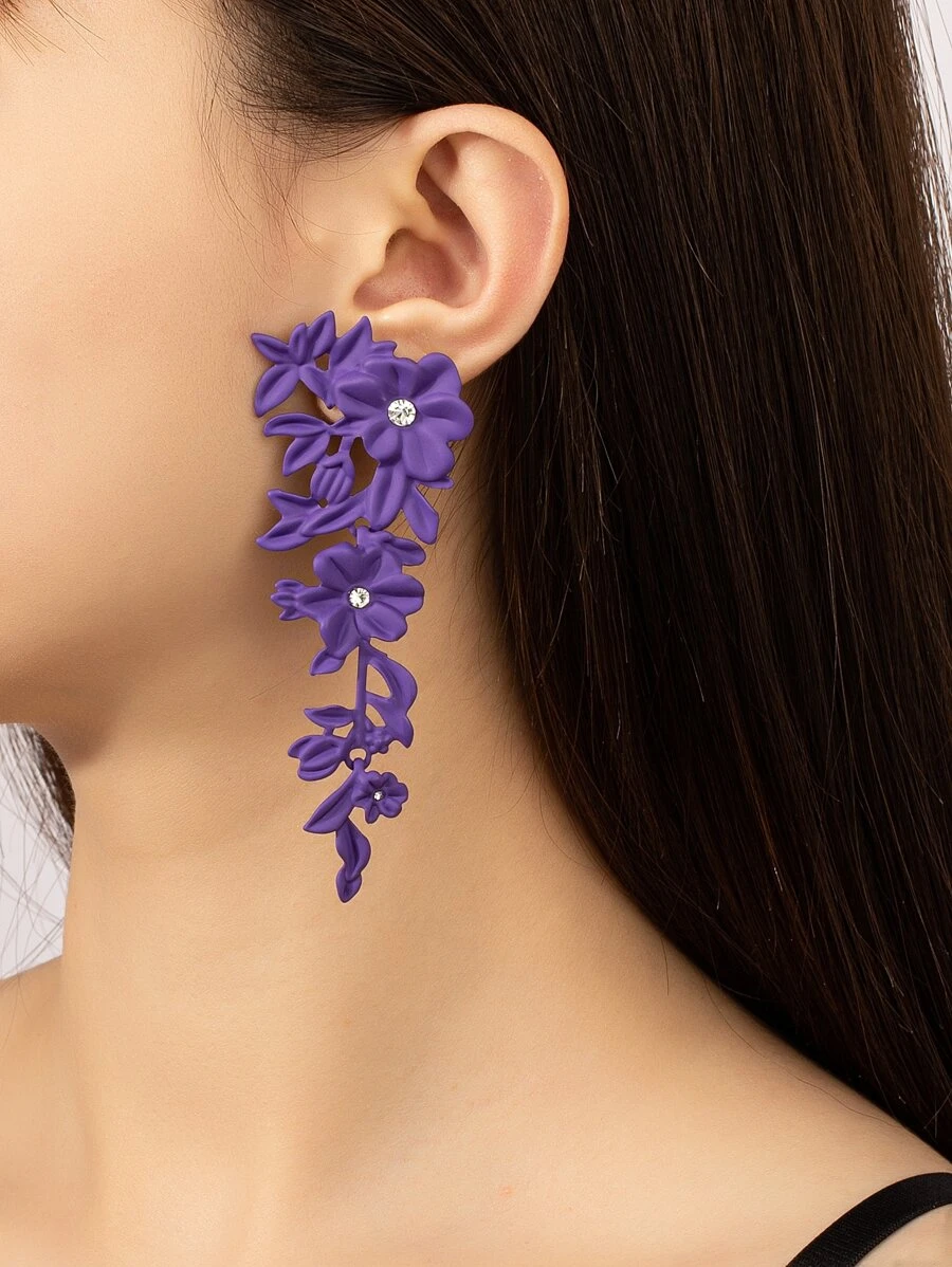 Bông tai thả hoa Rhinestone trang trí - Màu tím - Xem 1