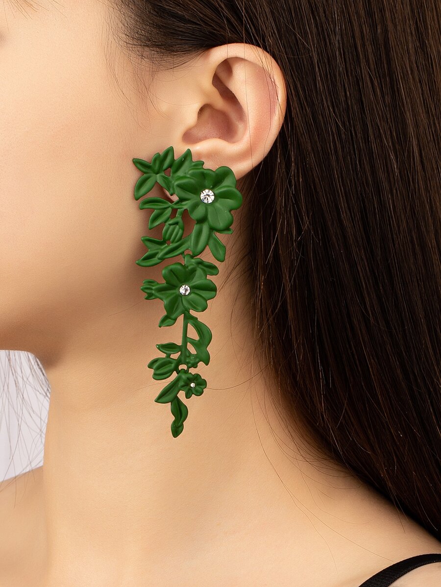 水鑽裝飾花耳墜 - 綠色 - 查看 1