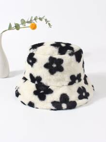 1pc Ladies' Black Plush Flower Decor Bucket Hat For Everyday Wear, Autumn And Winter Leopard Print - Black - View 1