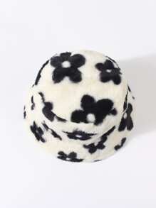 1pc Ladies' Black Plush Flower Decor Bucket Hat For Everyday Wear, Autumn And Winter Leopard Print - Black - View 2