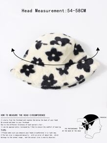 1pc Ladies' Black Plush Flower Decor Bucket Hat For Everyday Wear, Autumn And Winter Leopard Print - Black - View 3