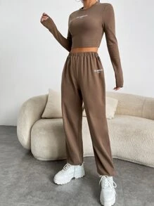 Muchica Bộ đồ hai mảnh nữ Lá thư Giải trí - Màu nâu  Mocha - Xem 3