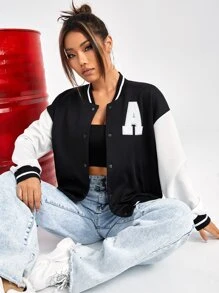 Muchica Áo khoác Đại học Thư được vá Sọc trang trí Thả vai - Đen và trắng - Xem 1