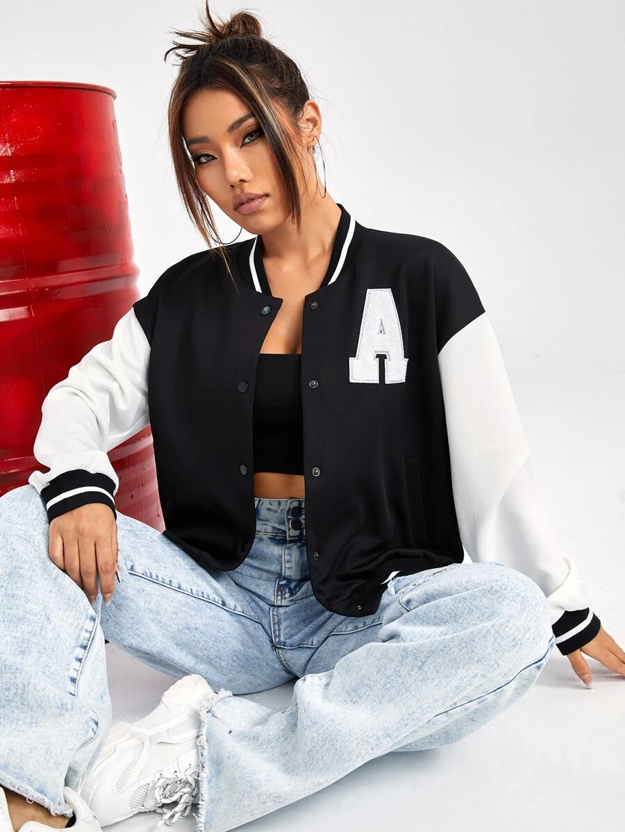 Muchica Áo khoác Đại học Thư được vá Sọc trang trí Thả vai - Đen và trắng - Xem 1