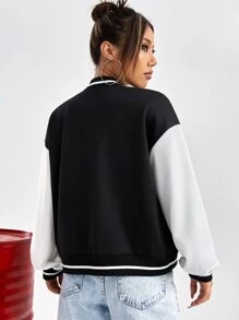 Muchica Áo khoác Đại học Thư được vá Sọc trang trí Thả vai - Đen và trắng - Xem 3