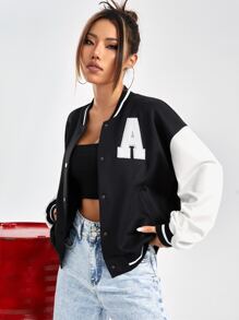 Muchica Áo khoác Đại học Thư được vá Sọc trang trí Thả vai - Đen và trắng - Xem 2