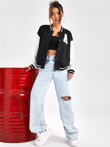 Muchica Áo khoác Đại học Thư được vá Sọc trang trí Thả vai - Đen và trắng - Xem 4