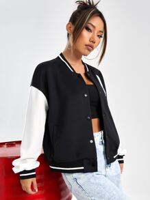 Muchica Áo khoác Đại học Thư được vá Sọc trang trí Thả vai - Đen và trắng - Xem 5