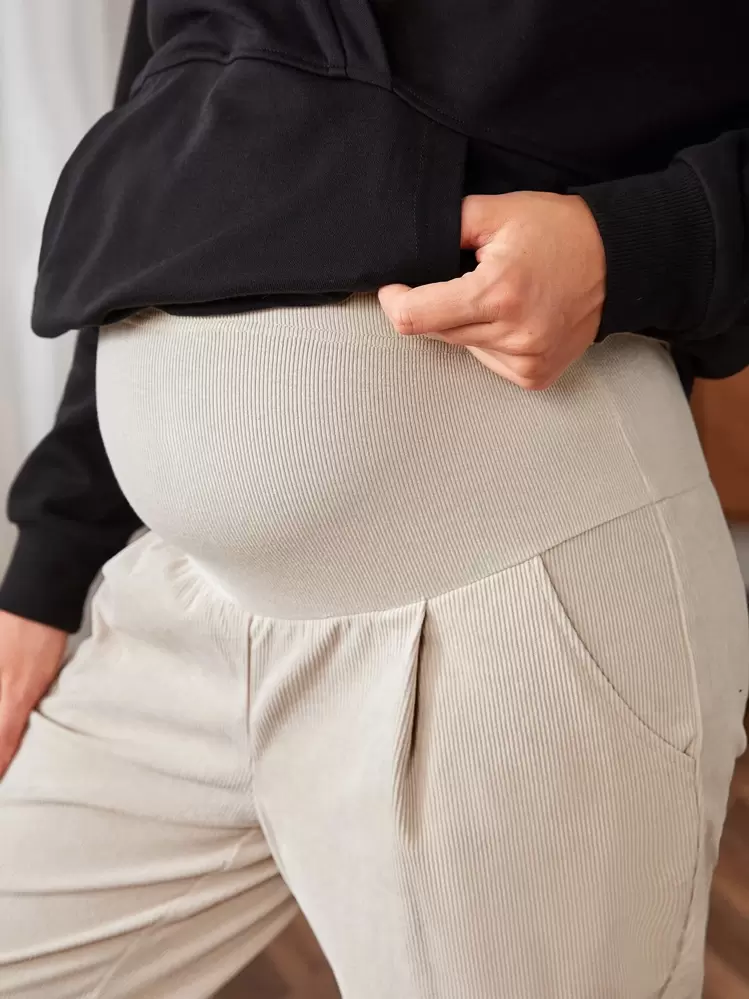 SHEIN Spodnie Ciążowe Prosty Casual - Beżowy - Zobacz 4