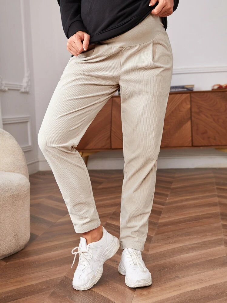 SHEIN Spodnie Ciążowe Prosty Casual - Beżowy - Zobacz 7