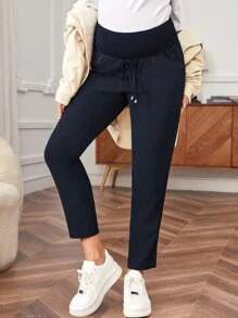 SHEIN Maternidad Pantalones de cintura con cordón - Azul Marino - Ver 4