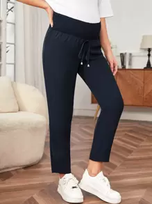 SHEIN Maternidad Pantalones de cintura con cordón - Azul Marino - Ver 1