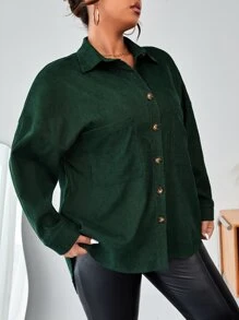 SHEIN Essnce 大碼落肩袖口袋貼布燈芯絨大衣