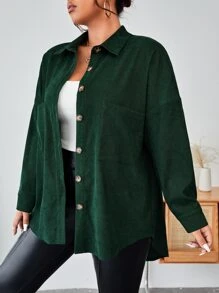 SHEIN Essnce 大碼落肩袖口袋貼布燈芯絨大衣