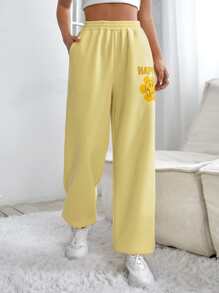 SHEIN X Calle y Poché SHEIN Qutie Cartoon & Letter Graphic Joggers - Yellow - View 6