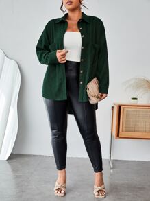 SHEIN Essnce 大碼落肩袖口袋貼布燈芯絨大衣