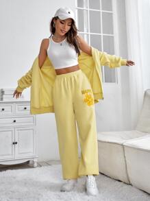 SHEIN X Calle y Poché SHEIN Qutie Cartoon & Letter Graphic Joggers - Yellow - View 10