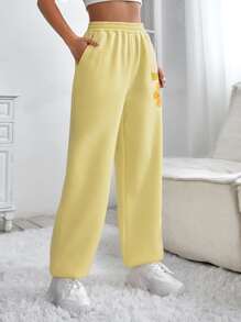 SHEIN X Calle y Poché SHEIN Qutie Cartoon & Letter Graphic Joggers - Yellow - View 7