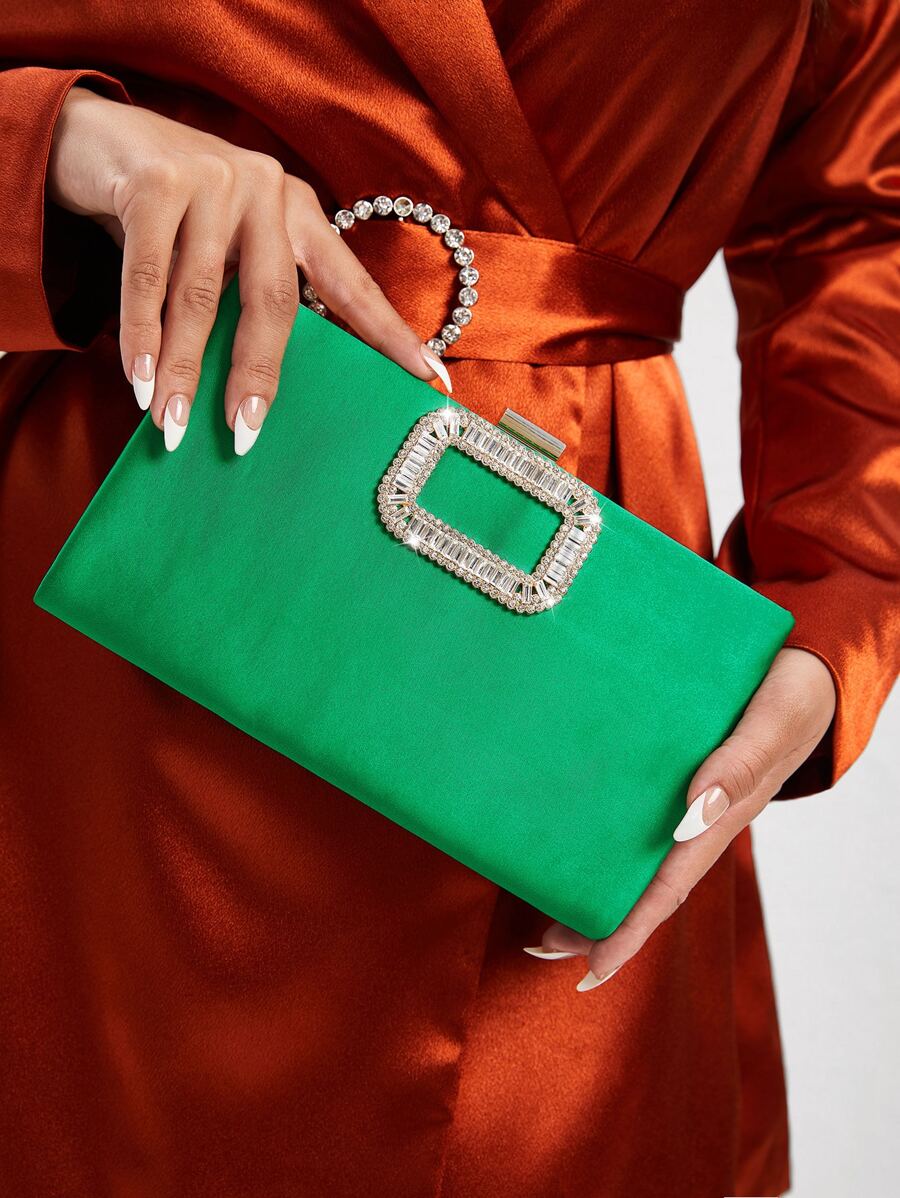 Bolso de noche con diseño de diamante de imitación de satén - Verde - Ver 1