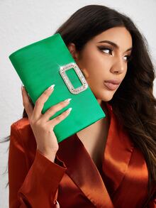 Bolso de noche con diseño de diamante de imitación de satén - Verde - Ver 2