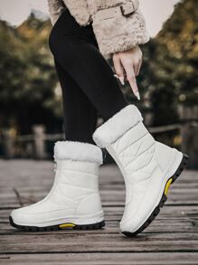 Sporty Front-zip Lined Snow Boots For Warmth - White - View 4