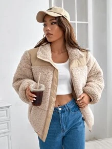 SHEIN EZwear Teddy Panel Zipper Padded Coat - Apricot - View 1