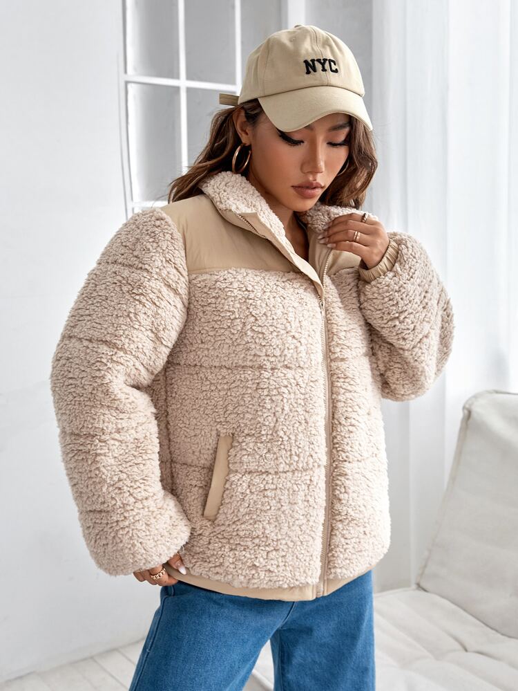 SHEIN EZwear Teddy Panel Zipper Padded Coat - Apricot - View 4