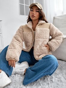 SHEIN EZwear Teddy Panel Zipper Padded Coat - Apricot - View 5